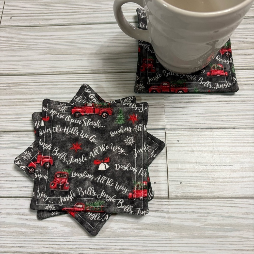 Handmade Christmas Jingle Bells Red Truck Washable Fabric Coaster Set